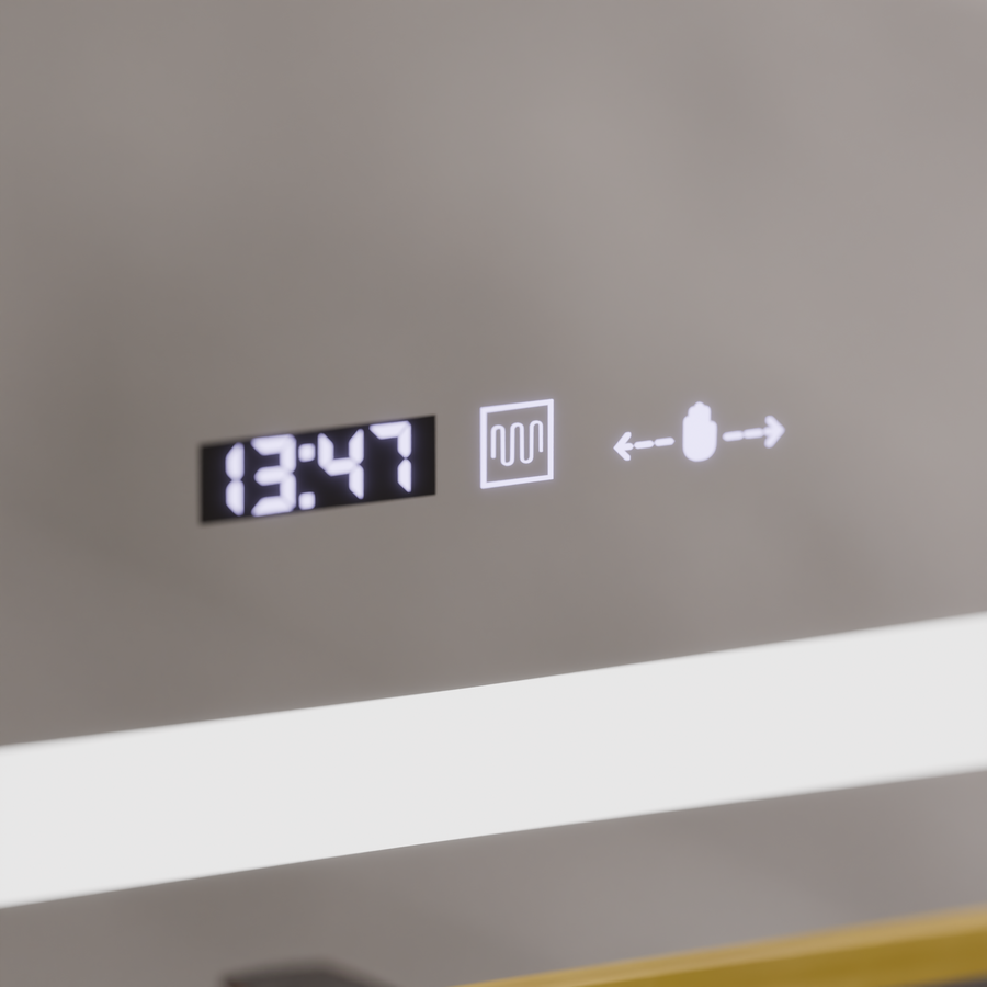 Правоъгълно светодиодно огледало, 80x60cm, eclat motionglow marcello, заместник -система, часовник и термометър, козметичен луп, размирен, златен рама четен