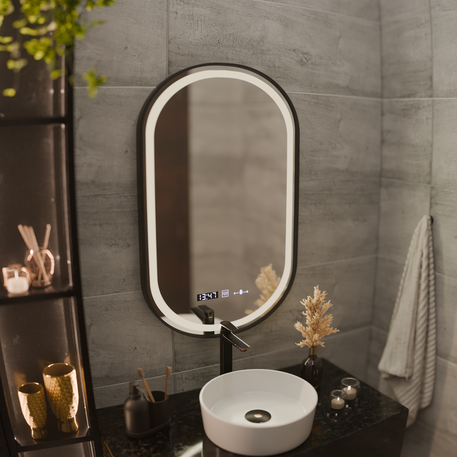 LED огледало Helmut Sensor De-fogging System, Clock and Temperature 50x90 cm Черна рамка Матирана Marcello Funghi