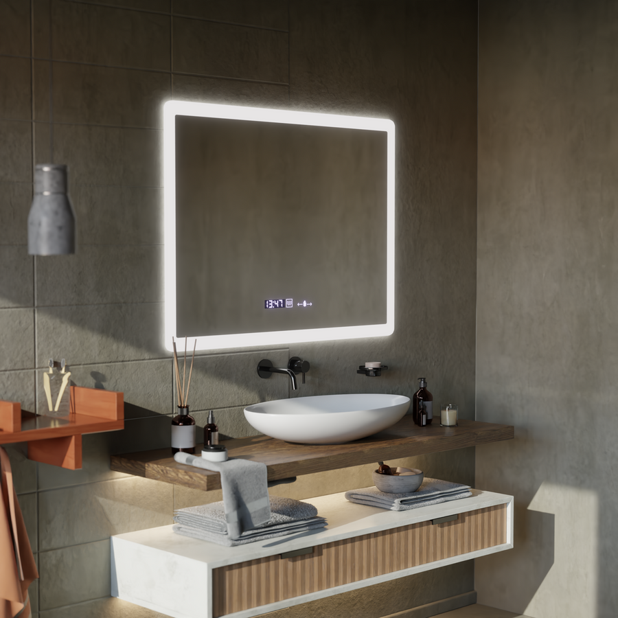 Правоъгълно LED огледало, 80x60 см, сензор Zampa MotionGlow Marcello, система за обезпотяване, часовник и термометър, възможност за димиране