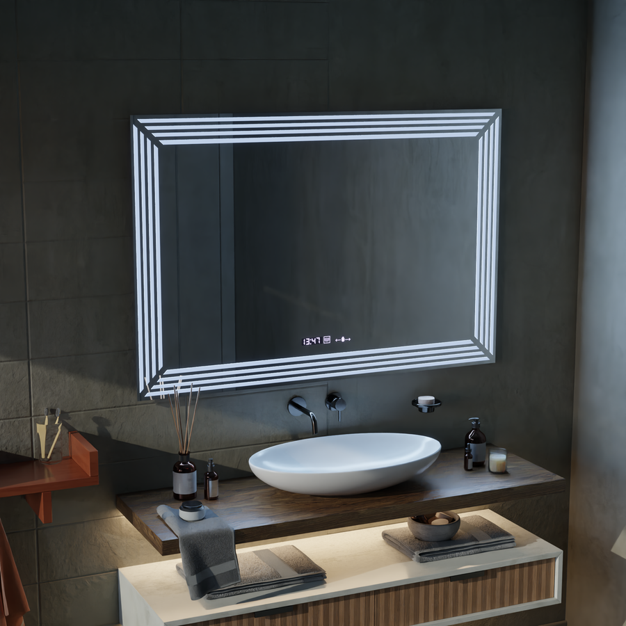 Правоъгълно LED огледало, 120x80cm, Venezia Sensor MotionGlow Marcello, Demister System, Clock & Thermometer, Dimable
