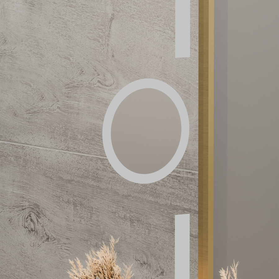 Правоъгълно светодиодно огледало, 80x60cm, eclat motionglow marcello, заместник -система, часовник и термометър, козметичен луп, размирен, златен рама четен