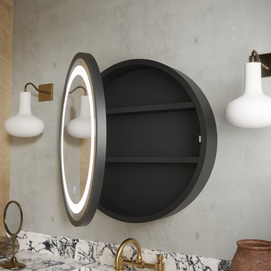 LED огледало с шкаф, кръг, 50x50см, увреждания, студ/гореща/неутрална светлина, черна рамка, място за съхранение