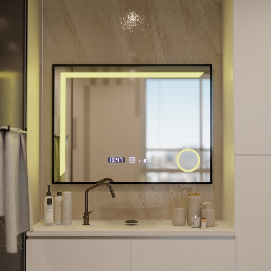 LED огледален сензор Motionglow Francesca 80x60 cm Студена светлина/студена неутрална рама черна четка система размразява термометър часовник marcello funghi