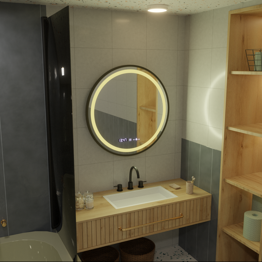 Кръгло LED огледало, 80 см, Celeste Majesté Noir Motionglow Marcello, система за размразяване, часовник и термометър, подразбиращ се