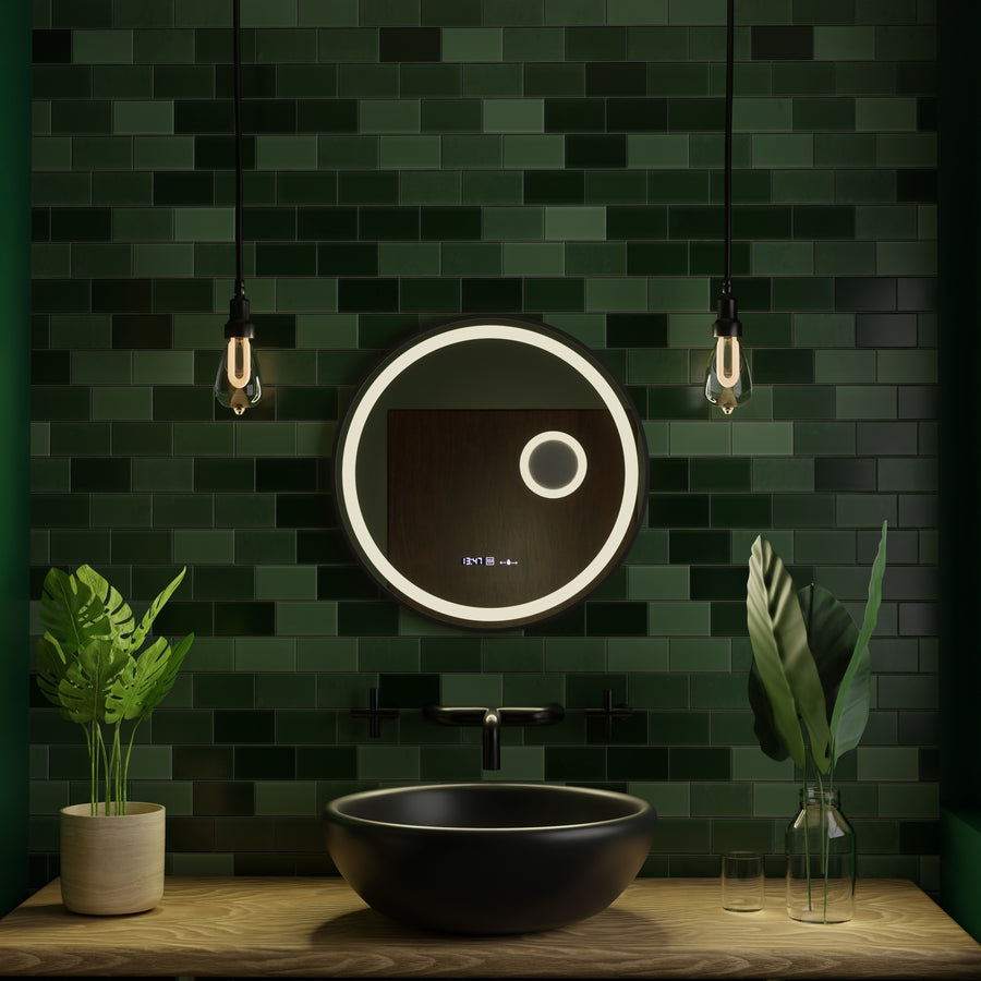 Кръгло светодиодно огледало, 60 см, сензор за движение MICAH MOTLEGLOW MARCELLO, система за размразяване, часовник и термометър, козметична лупа, подражаема