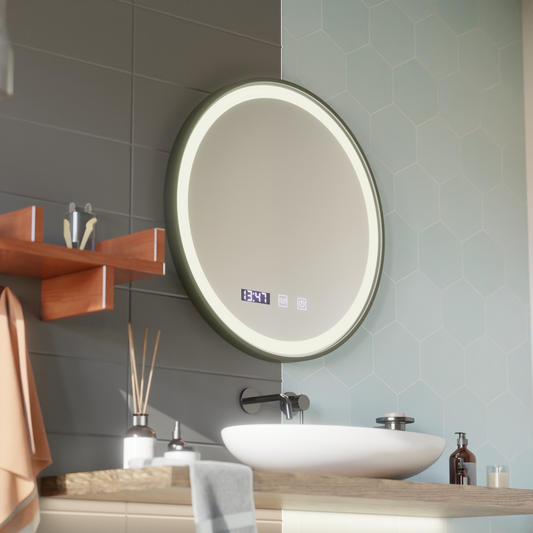 LED сензорно огледало NOVARA Система за обезпотяване, часовник и температура 80 см матирана черна рамка