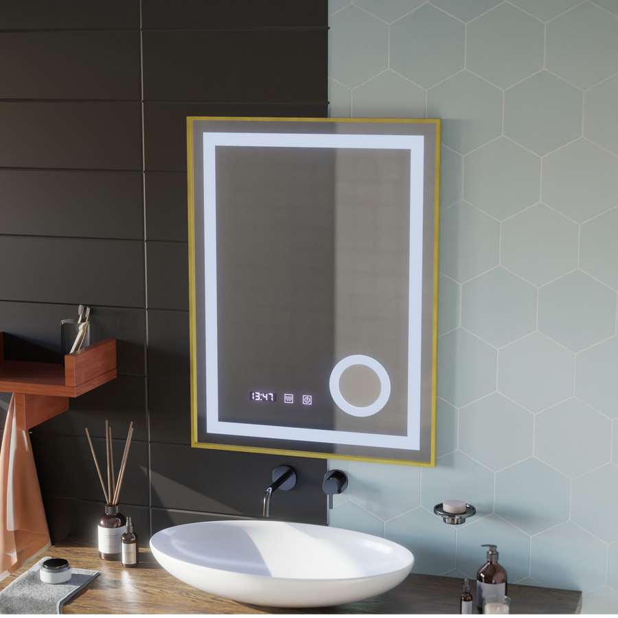 CLARUS LED Touch Mirror система против запотяване, часовник и температура 60x80 cm Златна рамка Матирана козметична лупа