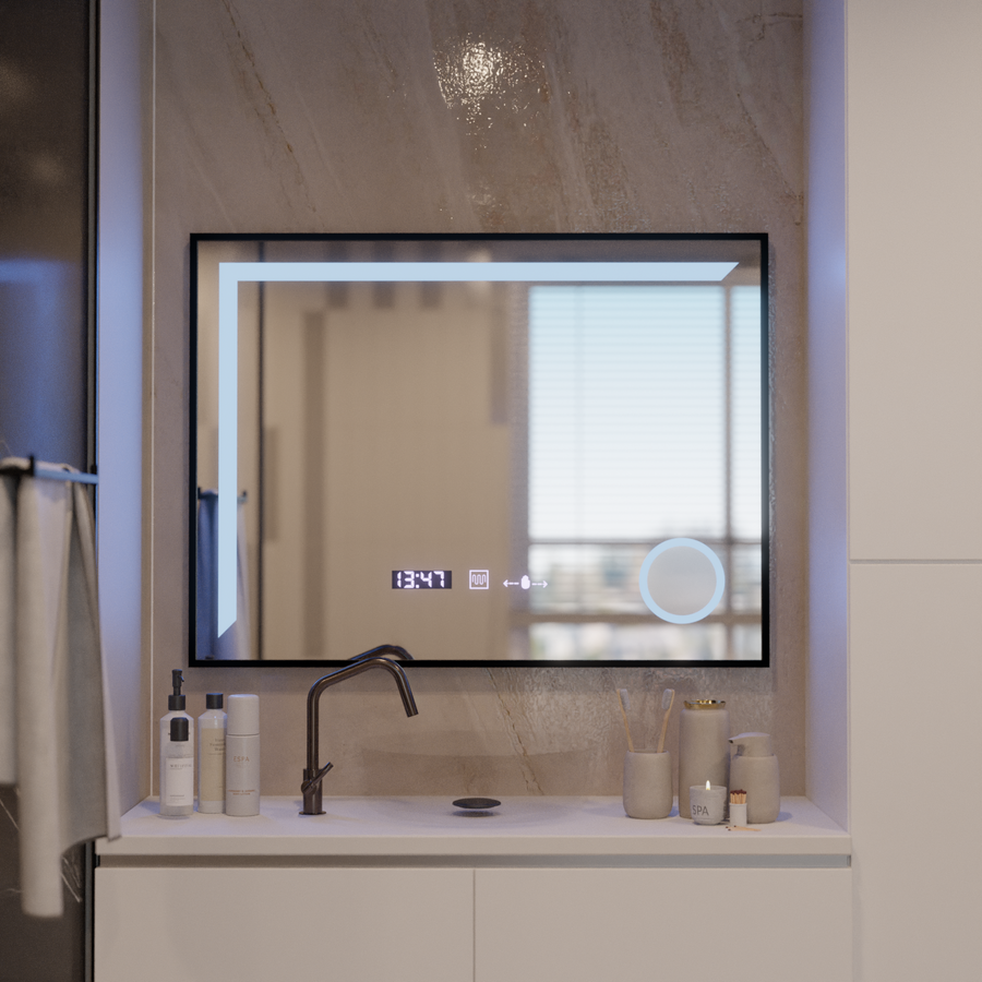 LED огледален сензор Motionglow Francesca 80x60 cm Студена светлина/студена неутрална рама черна четка система размразява термометър часовник marcello funghi
