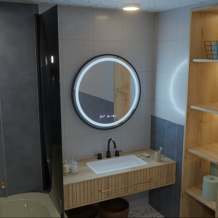 Кръгло LED огледало, 80 см, Celeste Majesté Noir Motionglow Marcello, система за размразяване, часовник и термометър, подразбиращ се