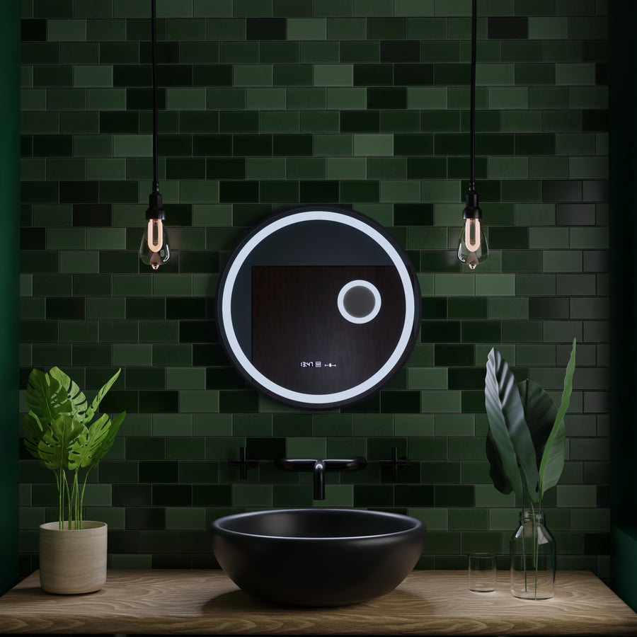 Кръгло светодиодно огледало, 60 см, сензор за движение MICAH MOTLEGLOW MARCELLO, система за размразяване, часовник и термометър, козметична лупа, подражаема