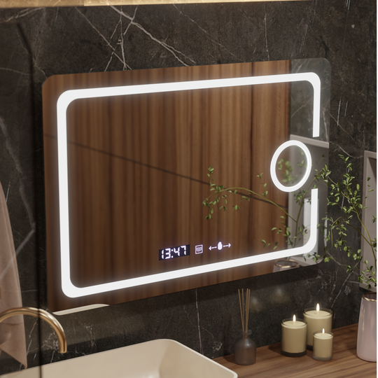 Правоъгълно LED огледало, 120x80 см, Eclat MotionGlow Marcello, система за обезпотяване, часовник и термометър, козметична лупа, димируеми огледала Marcello Заглавие по подразбиране Alessandro Design