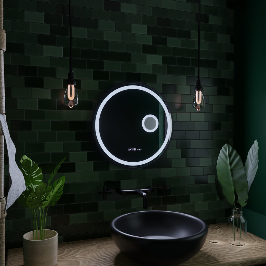Кръгло светодиодно огледало, 60 см, сензор за движение MICAH MOTLEGLOW MARCELLO, система за размразяване, часовник и термометър, козметична лупа, подражаема