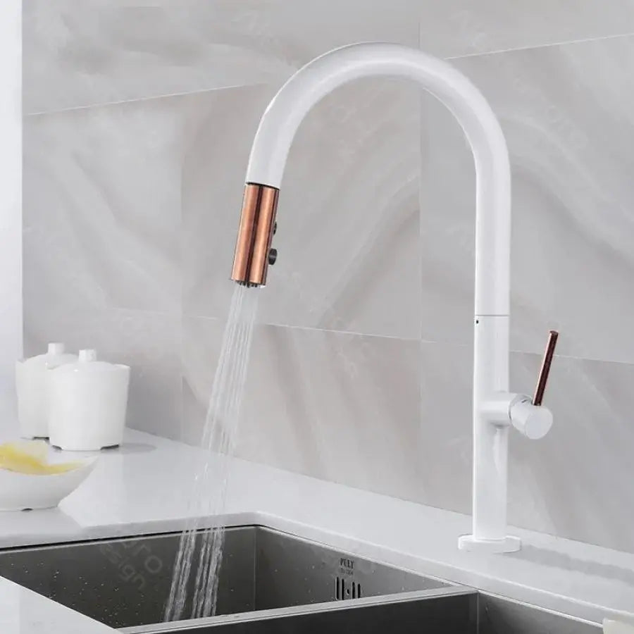 Кухненска батерия с извлечен душ, санитарен месинг, бял, cf/1035/a