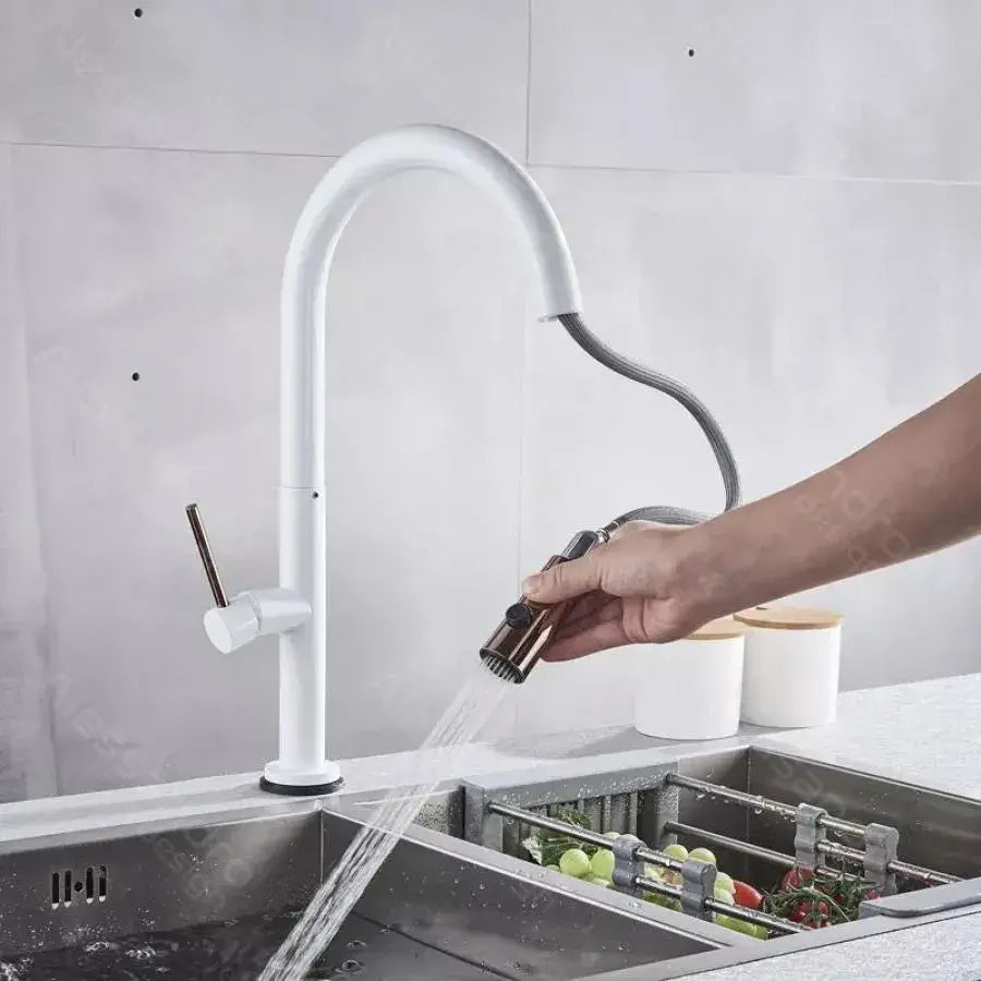 Кухненска батерия с извлечен душ, санитарен месинг, бял, cf/1035/a