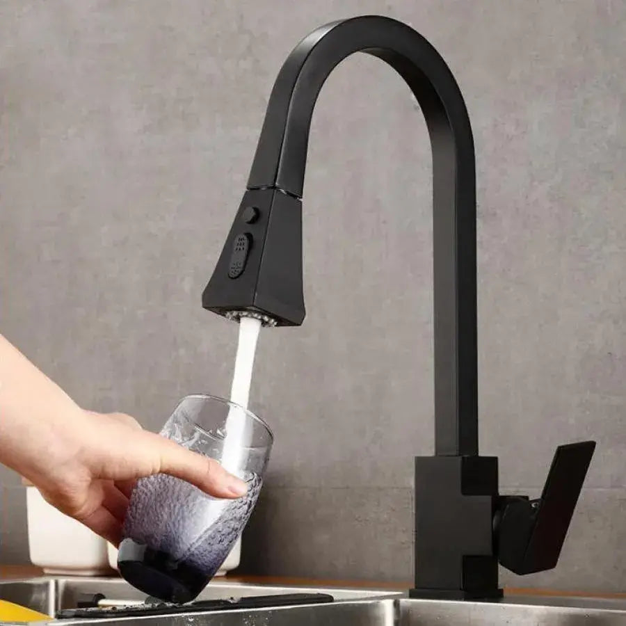 Кухненска батерия с извлечен душ, санитарен месинг, черно, OD/2040