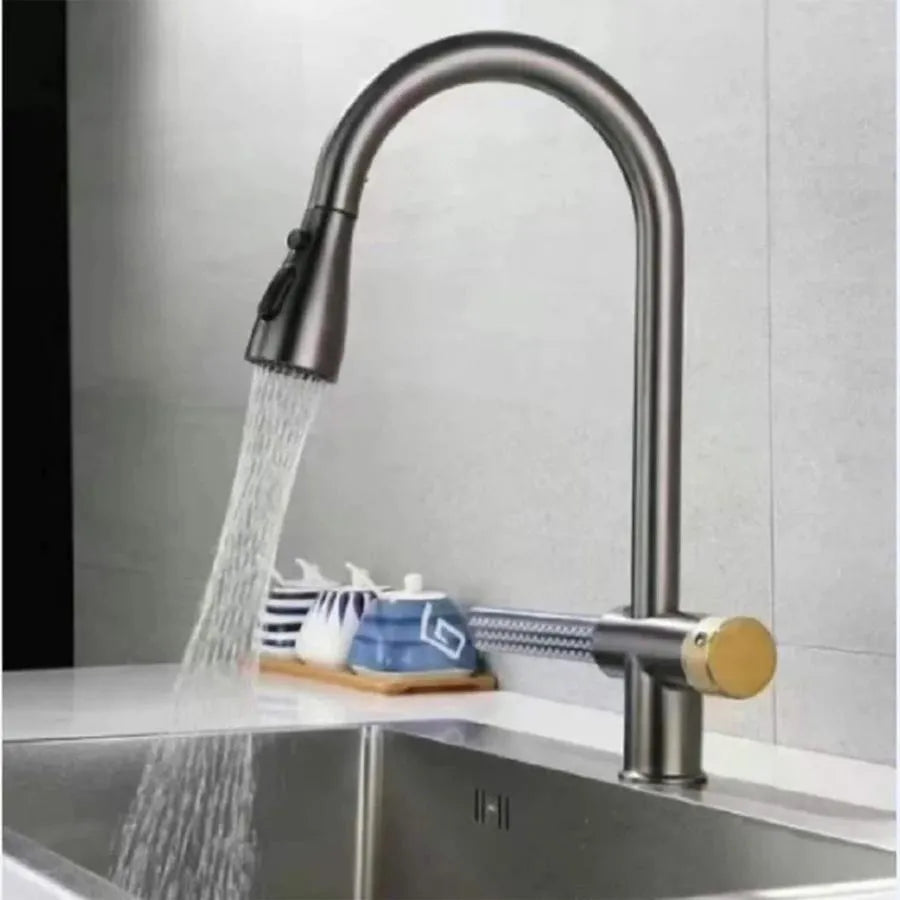 Кухненска батерия със сив душ от неръждаема стомана с функция на водопад YB1500N