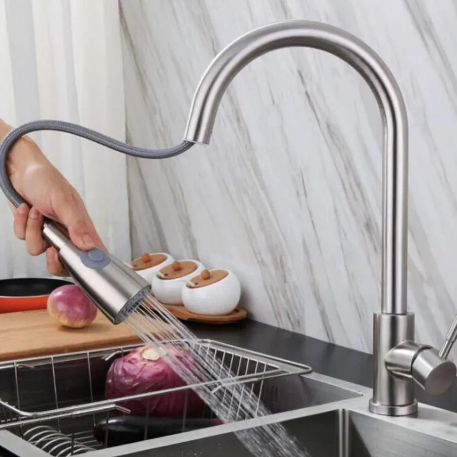 Кухня на батерията с извлечен душ, неръждаема стомана 304, сатен, CF017