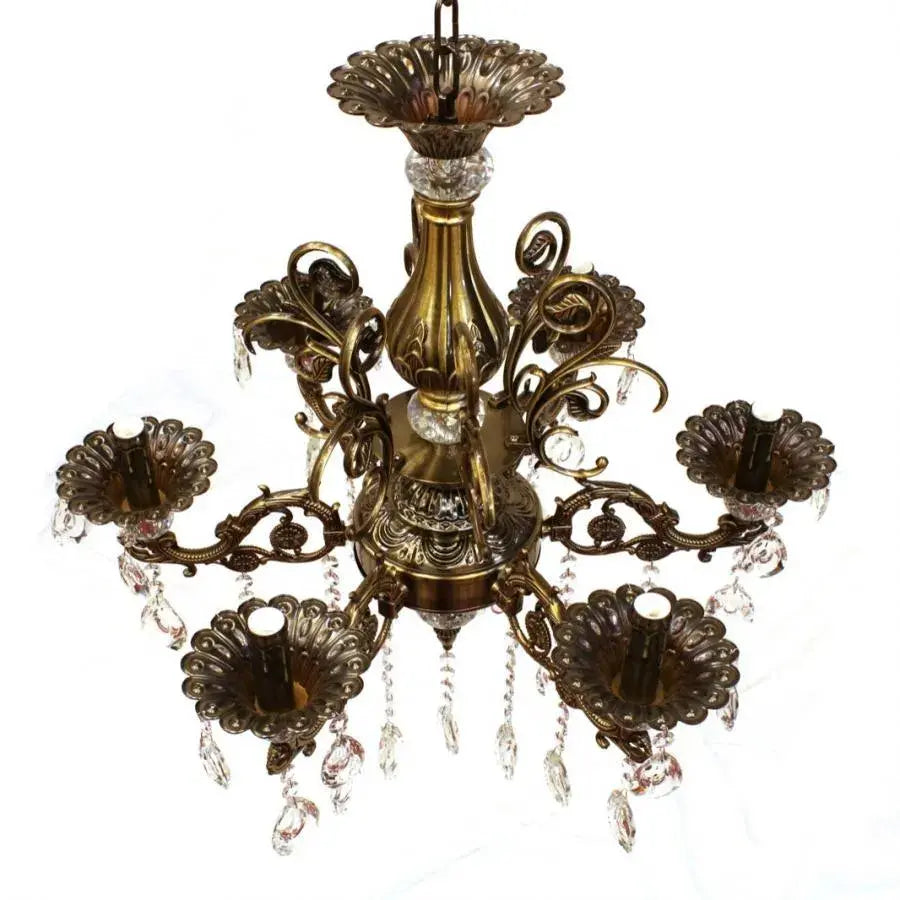 Chandilier Sanssoci 6xe14 метални и кристални регулируеми височина Античен месинг