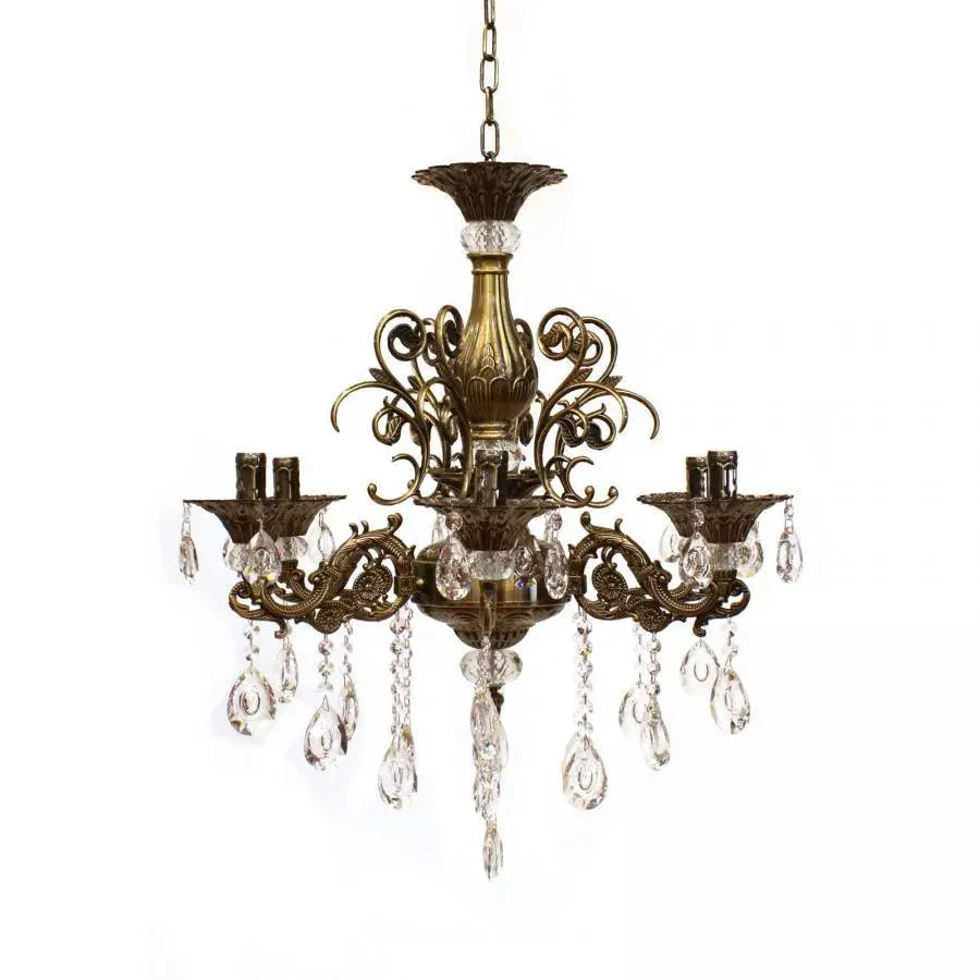 Chandilier Sanssoci 6xe14 метални и кристални регулируеми височина Античен месинг