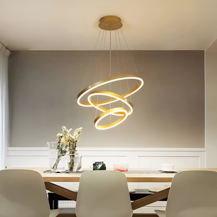 LED полилей, окачен с дистанционно управление на Елизабет, 84W, 3 кръга, студена/гореща/неутрална светлина, нестабилна, лъскаво злато, регулируема височина