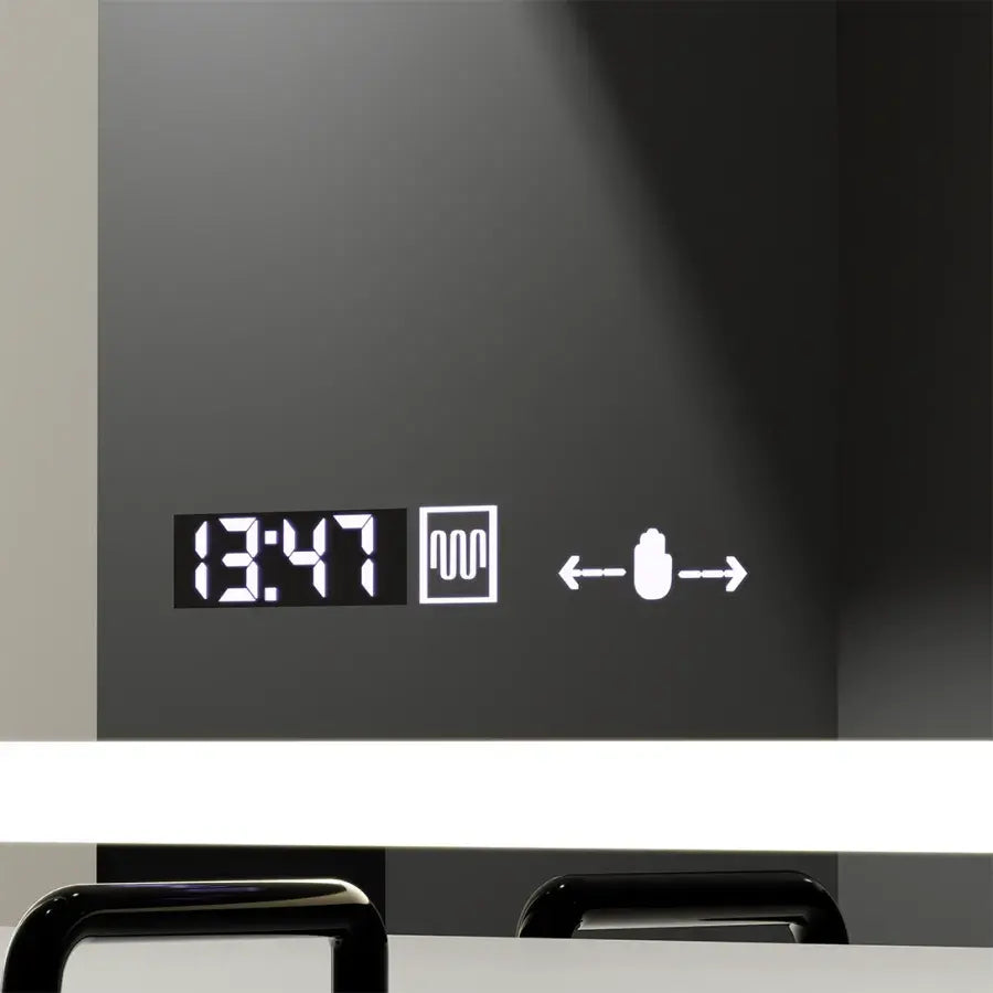 Правоъгълно светодиодно огледало, 120x70cm, лъчезарно движение Marcello сензор, система за обезобразяване, часовник и термометър, закрепване