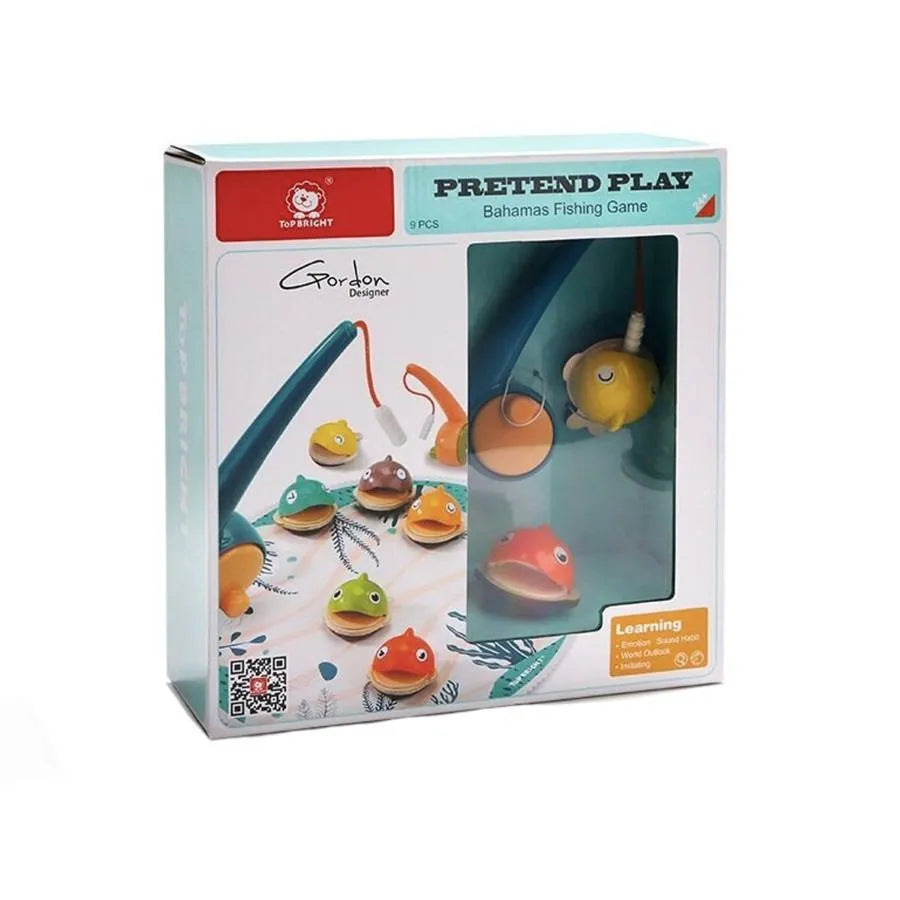 Малка рибарска игра с многоцветна риба, 9 парчета, дърво и пластмаса