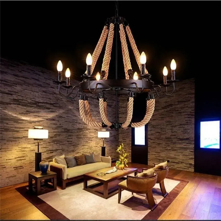 Кръгъл полилей, 8*E14, черно, метално и канап