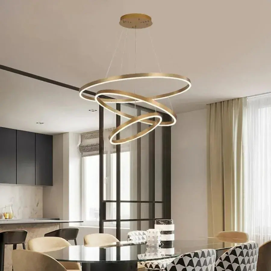 LED полилей, окачен с дистанционно управление на Azariah 130W, 3 кръга, студена/гореща/неутрална светлина, нестабилно, лъскаво злато, регулируема височина