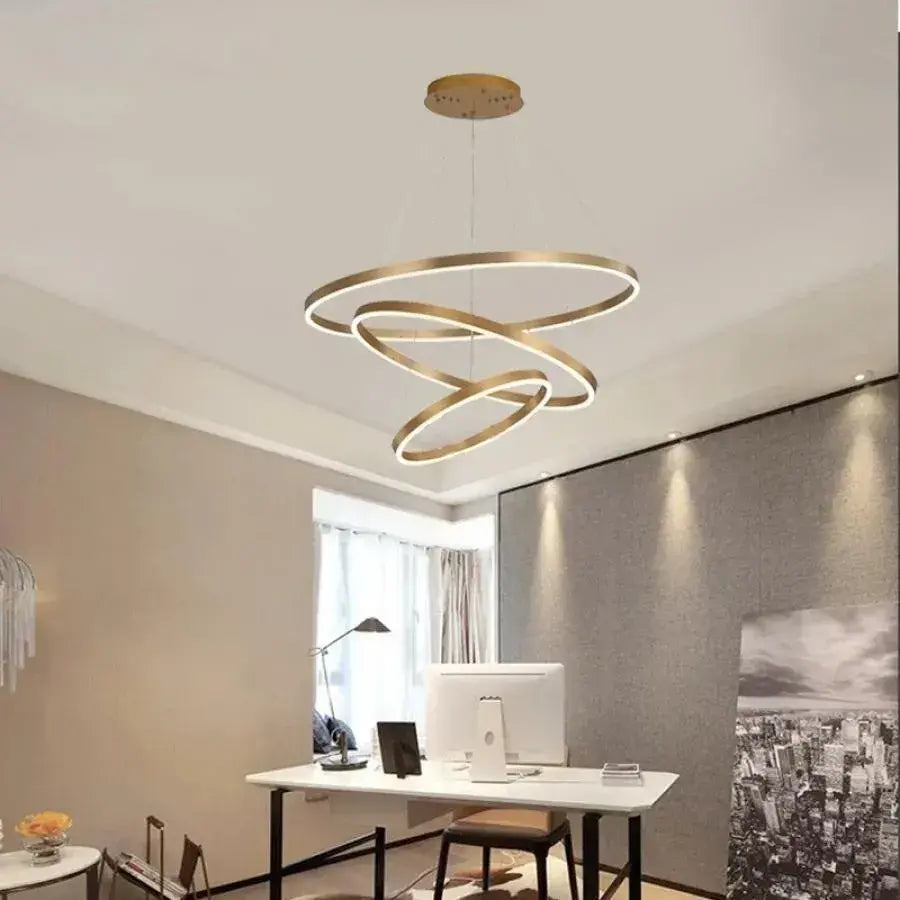 LED полилей, окачен с дистанционно управление на Azariah 130W, 3 кръга, студена/гореща/неутрална светлина, нестабилно, лъскаво злато, регулируема височина