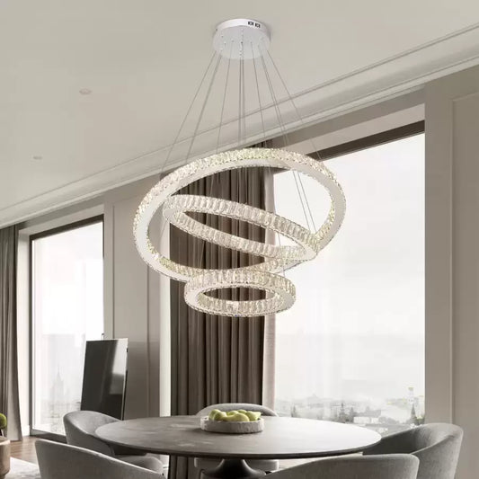 LED полилей, окачен с дистанционно управление и Crystal Cayden 200W, 3 кръга, студена/гореща/неутрална светлина, маргаритка, гланцов хром, регулируема височина