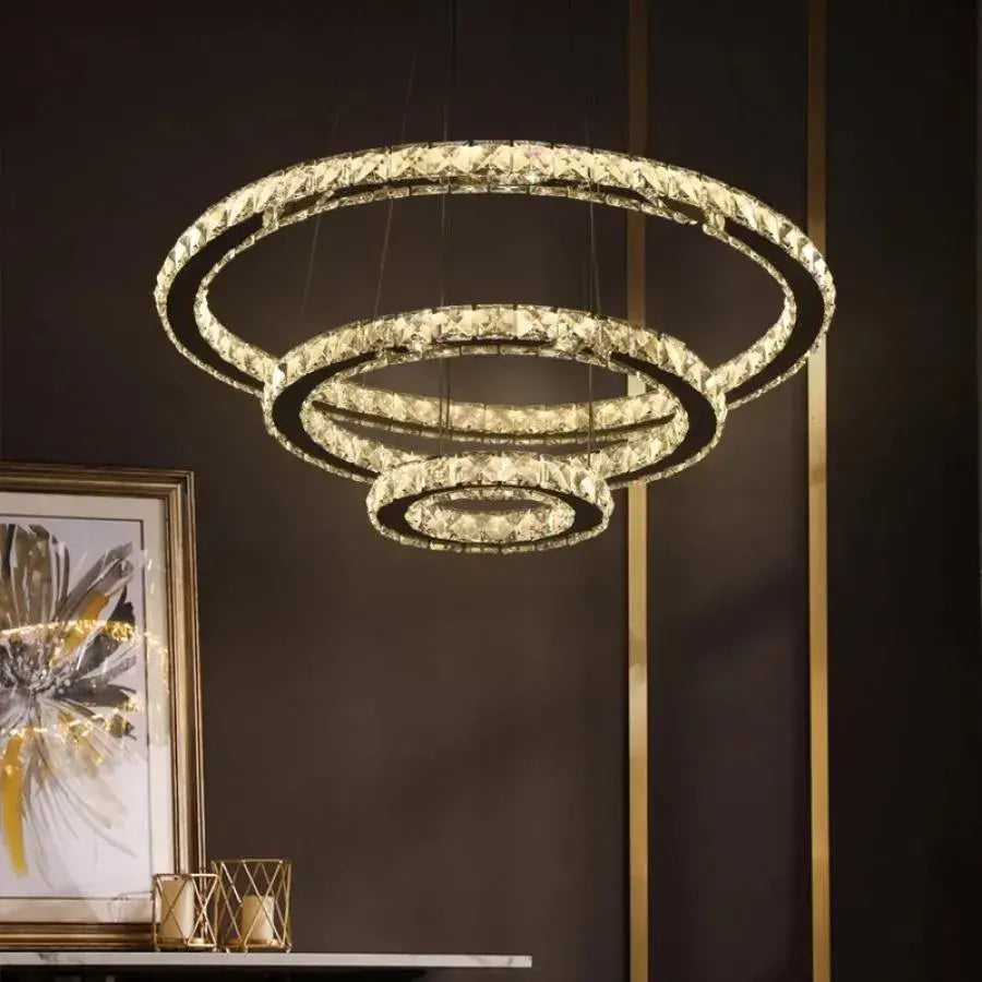 LED полилей, окачен с дистанционно управление и кристална призма luminis 78w, 3 кръга, студена/гореща/неутрална светлина, маргаритка, сребро, регулируема височина