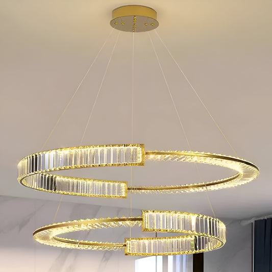 LED полилей, окачен с дистанционно управление и кристална призма Royal 200W, 2 кръга, студена/гореща/неутрална светлина, маргаритка, злато, регулируема височина