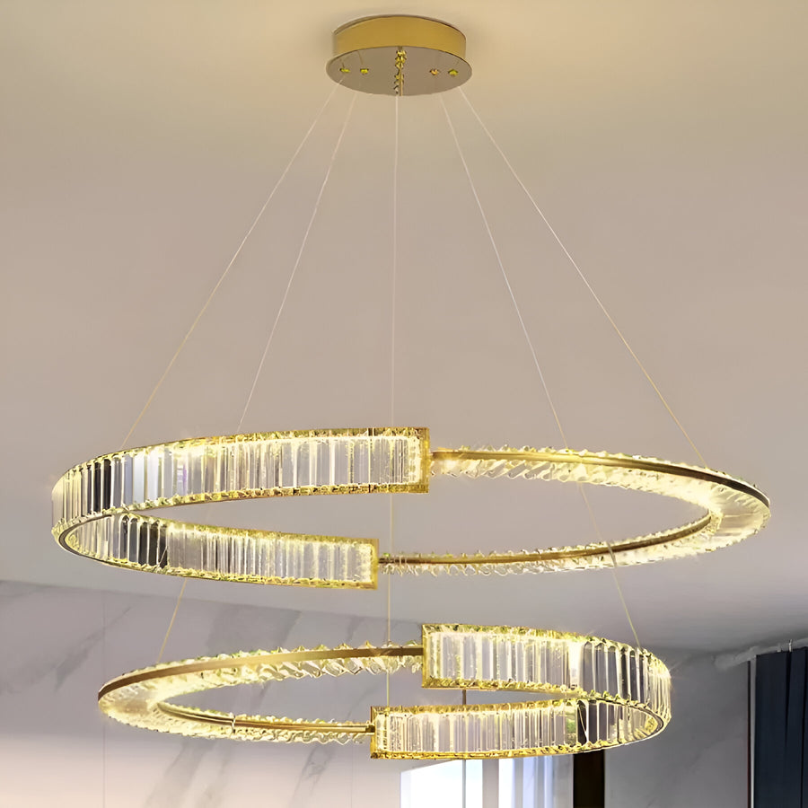LED полилей, окачен с дистанционно управление и кристална призма Royal 200W, 2 кръга, студена/гореща/неутрална светлина, маргаритка, злато, регулируема височина