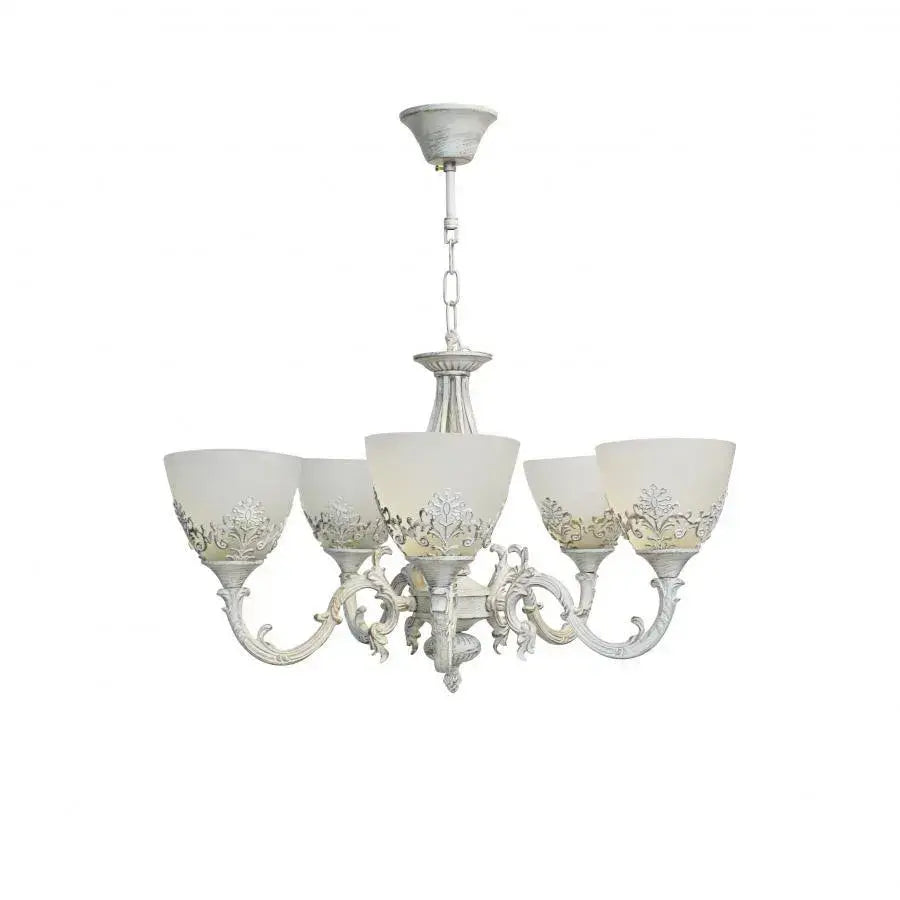 Винтидж полилей, тип махало с ръце, вила, кръг, 5xe27, стъкло и метал, бяло