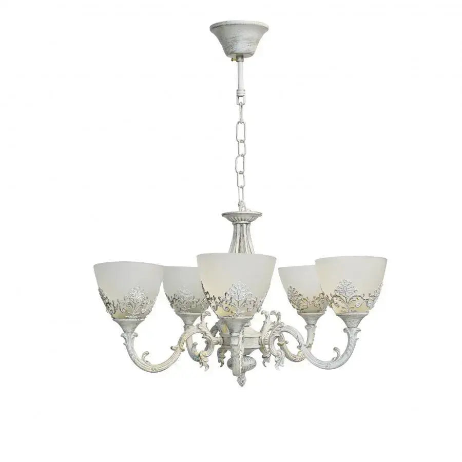 Винтидж полилей, тип махало с ръце, вила, кръг, 5xe27, стъкло и метал, бяло