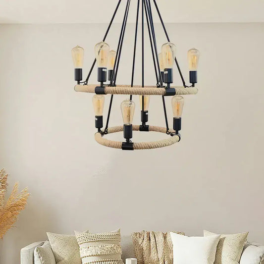 Селски полилей, 10*e27, кафяв, метален и канап