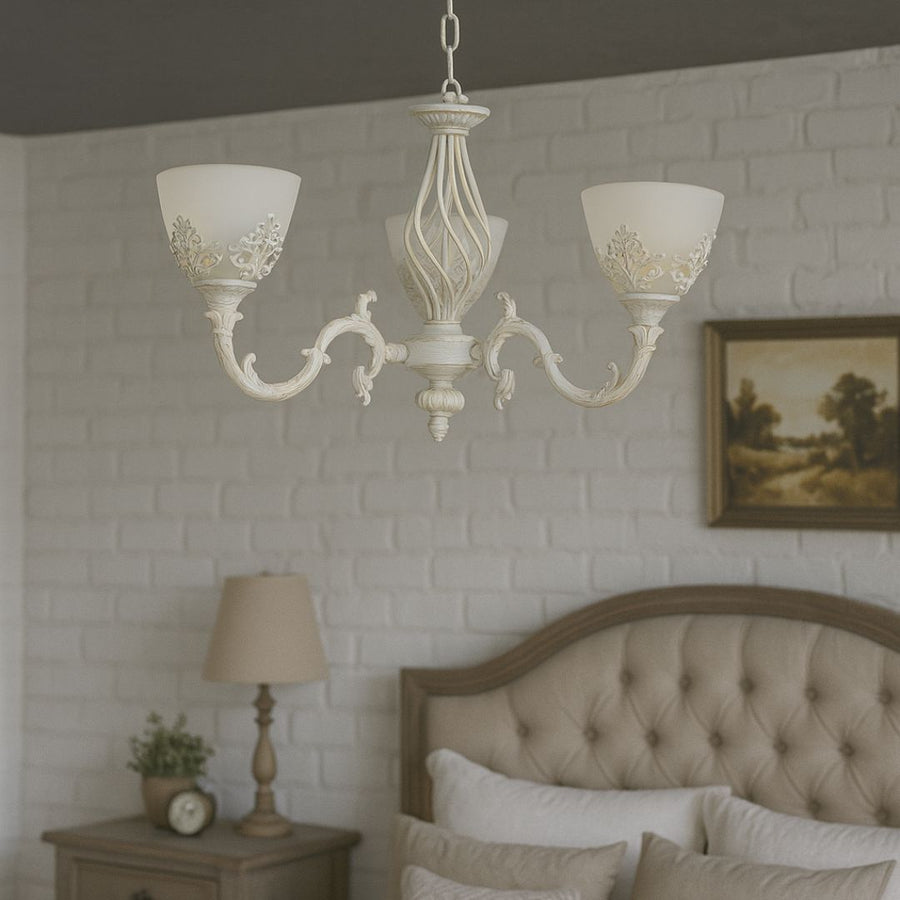 Винтидж полилей, тип махало с ръце, къщичка, кръг, 3xe27, стъкло и метал, бяло