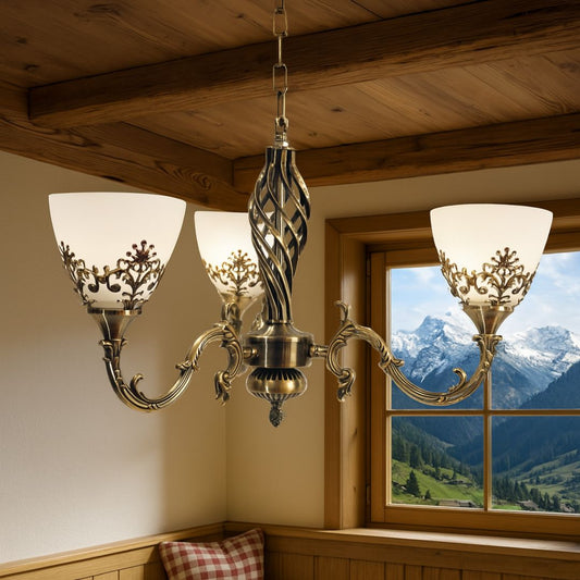 Винтидж полилей, тип махало с ръце, вила, кръг, 3xe27, стъкло и метал, бронз