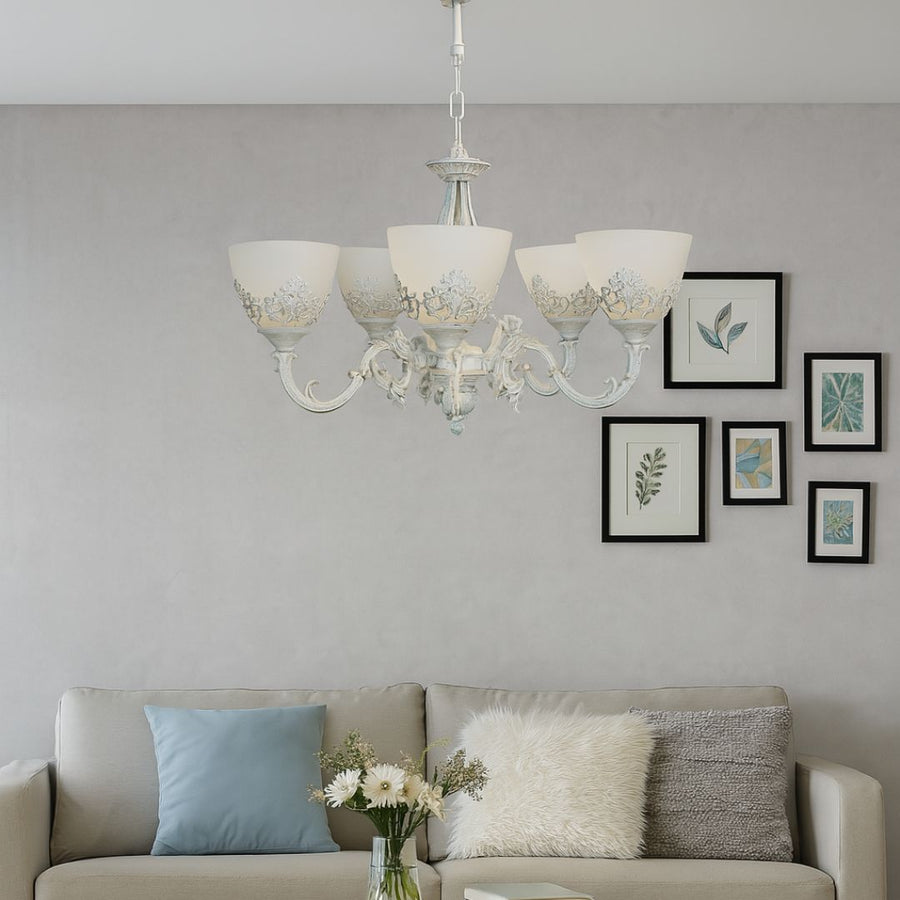 Винтидж полилей, тип махало с ръце, вила, кръг, 5xe27, стъкло и метал, бяло