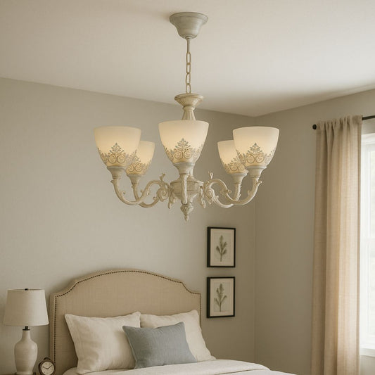 Винтидж полилей, тип махало с ръце, вила, кръг, 5xe27, стъкло и метал, бяло