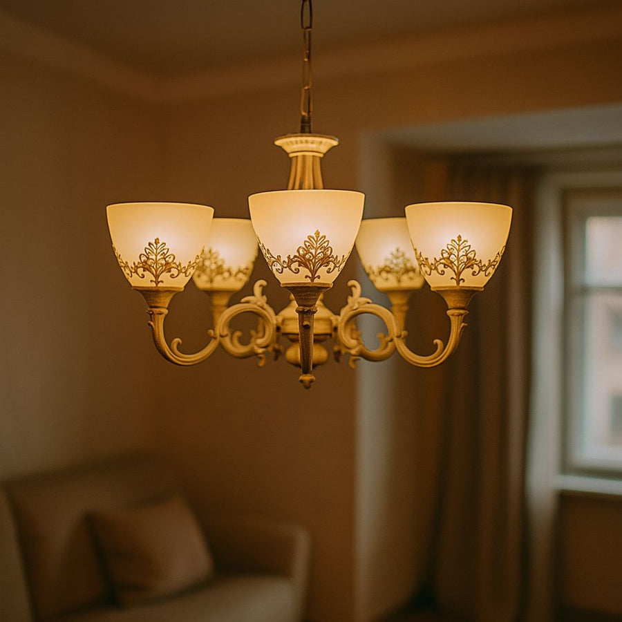 Винтидж полилей, тип махало с ръце, вила, кръг, 5xe27, стъкло и метал, бяло