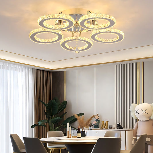 LED полилей с дистанционно управление и Crystal Alanubis 61W, 5 кръга, студена/гореща/неутрална светлина, недобросъвестен, лъскав хром