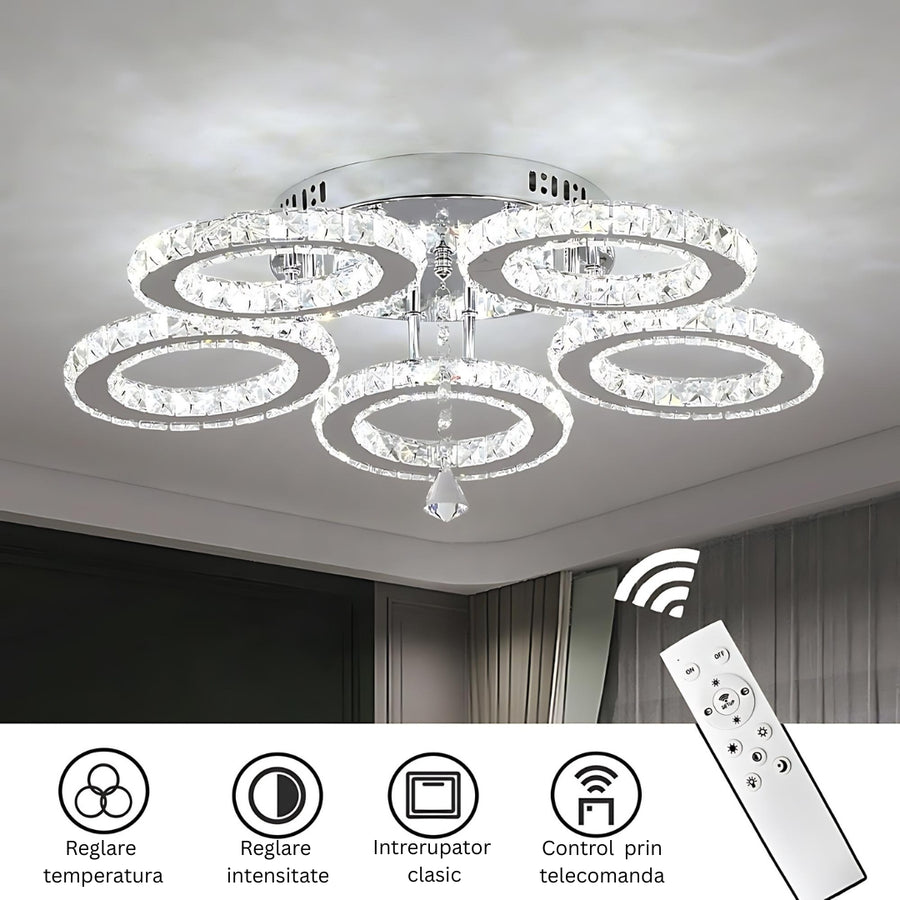 LED полилей с дистанционно управление и Crystal Alanubis 61W, 5 кръга, студена/гореща/неутрална светлина, недобросъвестен, лъскав хром