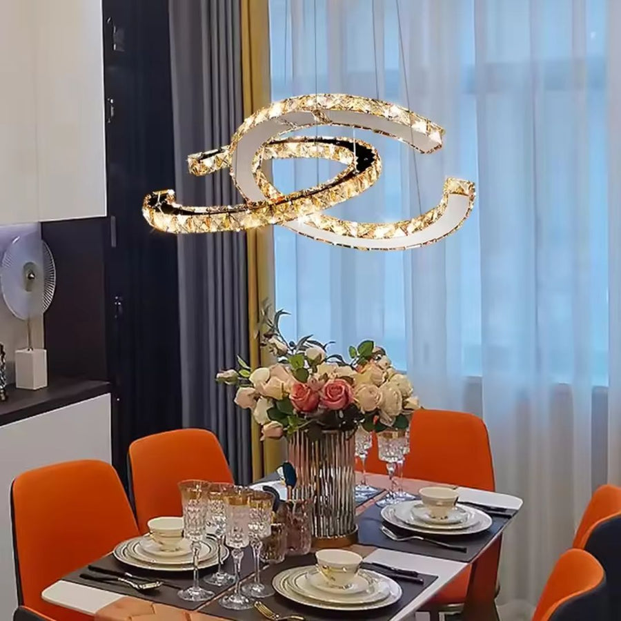 LED полилей, окачен с дистанционно управление и кристална призма antitea 40W, 2 кръга, студена/гореща/неутрална светлина, нестабилна, лъскава хром, регулируема височина