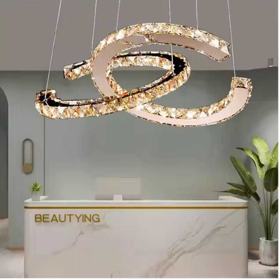 LED полилей, окачен с дистанционно управление и кристална призма antitea 40W, 2 кръга, студена/гореща/неутрална светлина, нестабилна, лъскава хром, регулируема височина