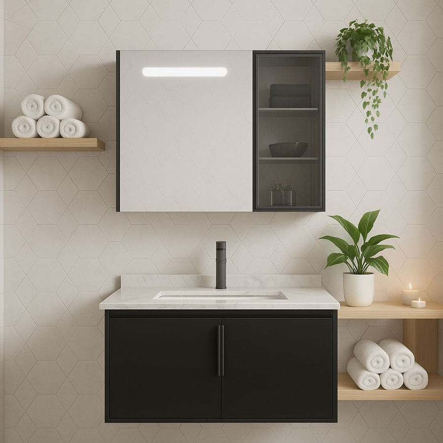 Комплект мебели за баня на Родос, 80 см, 2 парчета, черно и бяло