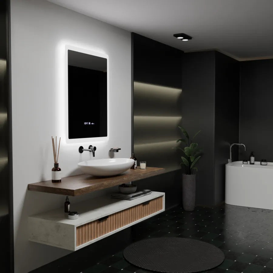 Правоъгълно светодиодно огледало, 60x80см, сензор за marcello marcello, система за обезобразяване, часовник и термометър, дайм