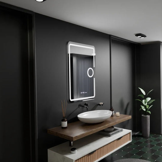Правоъгълно LED огледало, 50x70 см, Eclat MotionGlow Marcello, система за обезпотяване, часовник и термометър, козметична лупа, димируеми огледала Marcello Заглавие по подразбиране Alessandro Design