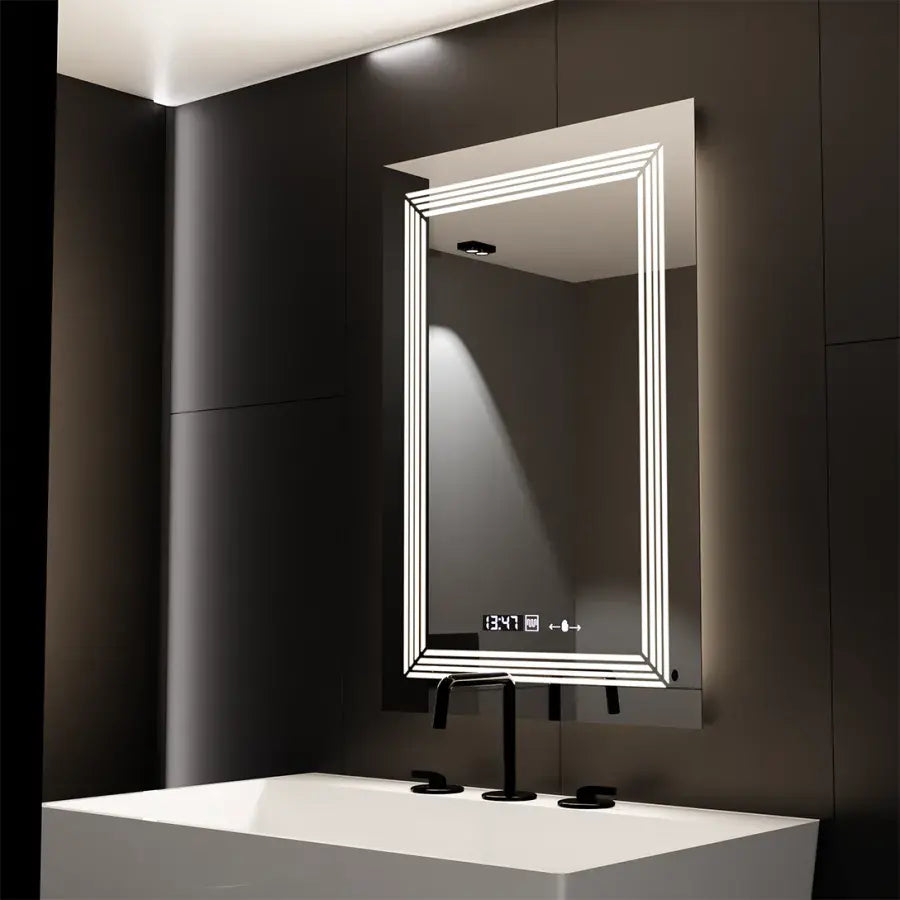 Правоъгълно светодиодно огледало, 60x80см, венец сензор Motionglow Marcello, система за размразяване, часовник и термометър, намаляващ се