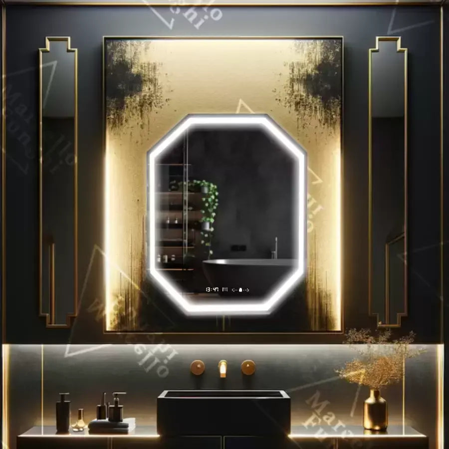 Polygon LED огледало, 60x80cm, Ralya Sensor Motionglow Marcello, система за деактивиране, часовник и термометър, Daimable